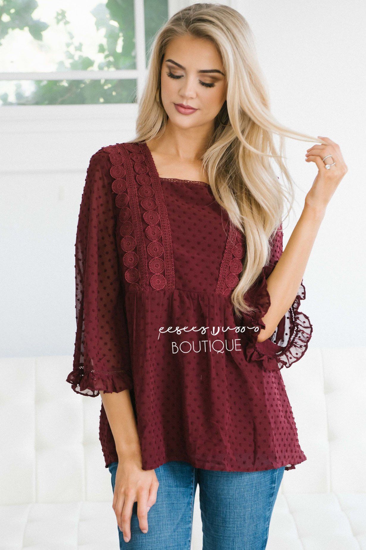 Dotted Crochet Trim Gathered Waist Blouse Tops vendor-unknown 