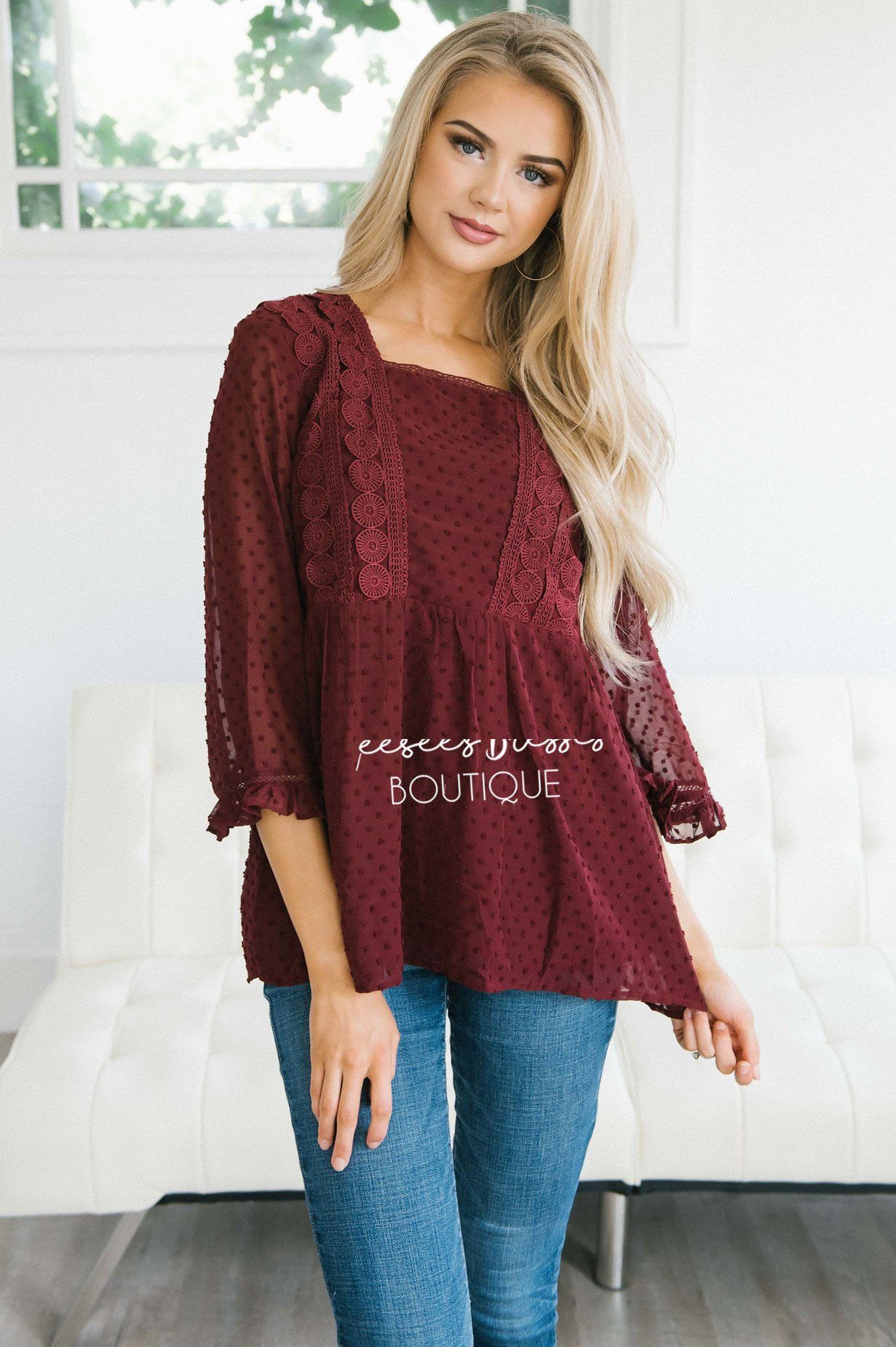 Dotted Crochet Trim Gathered Waist Blouse Tops vendor-unknown 