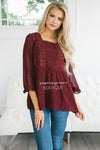 Dotted Crochet Trim Gathered Waist Blouse Tops vendor-unknown