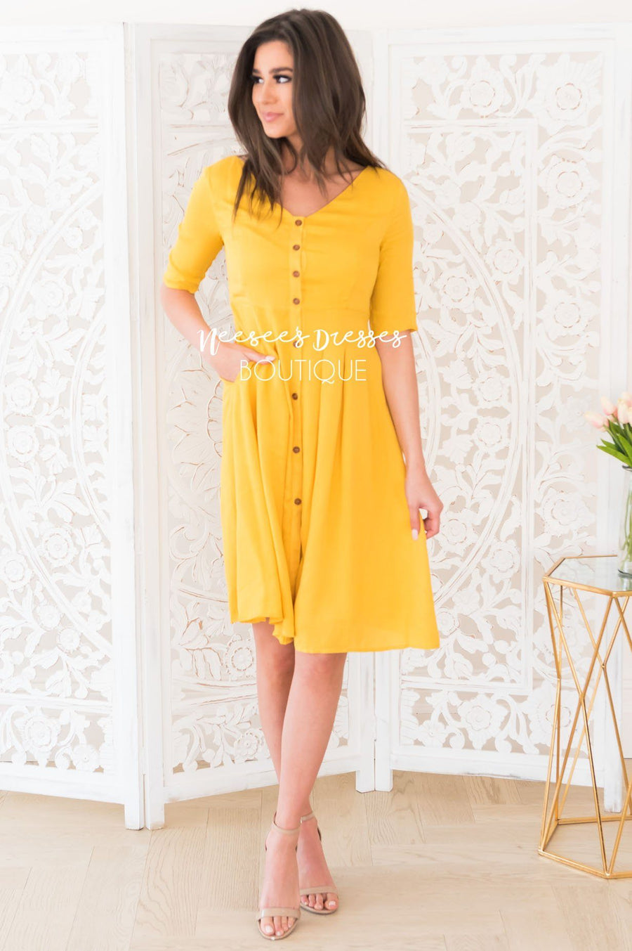 The Gina Button Front Dress Modest Dresses vendor-unknown 